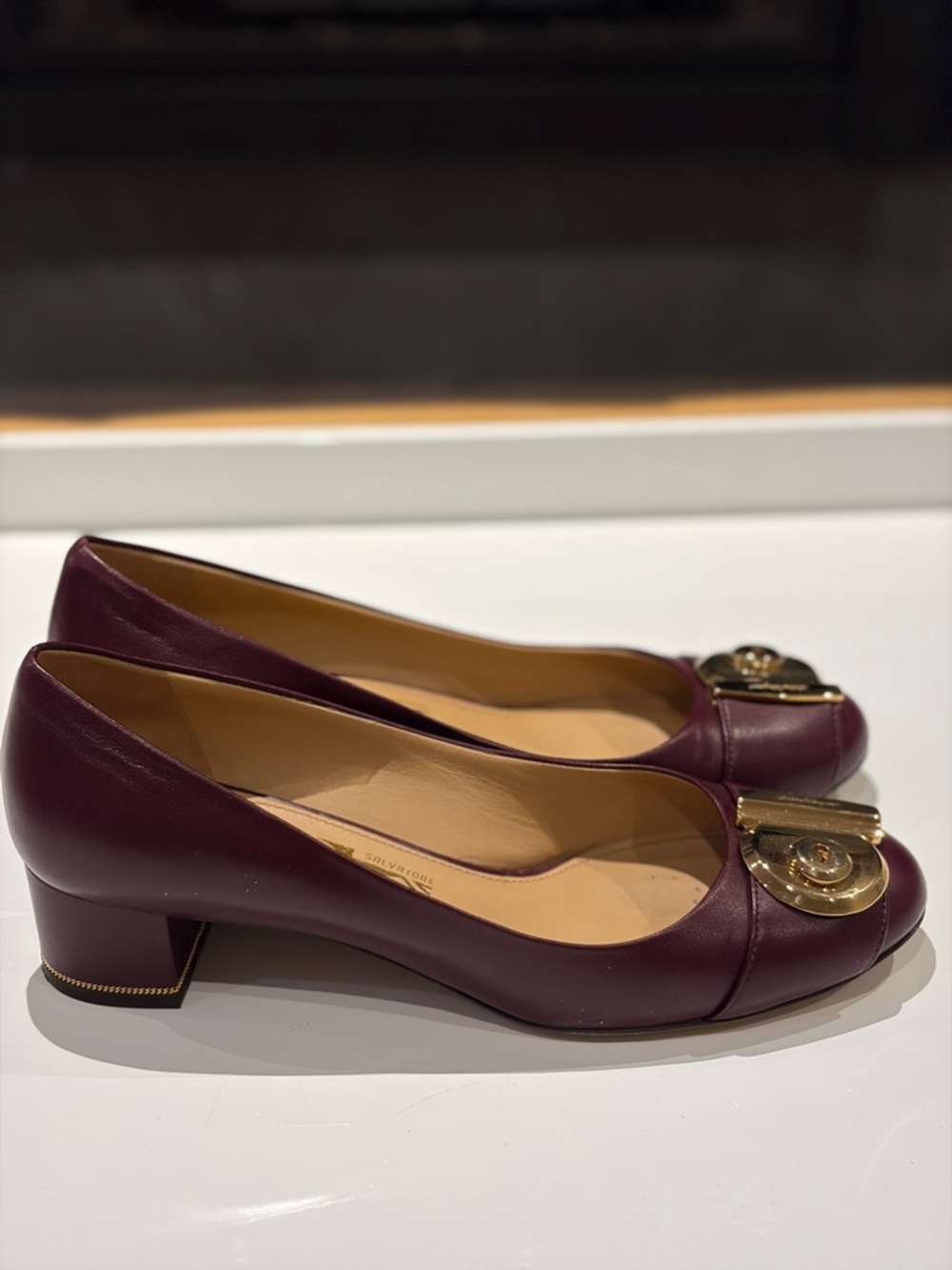 Salvatore Ferragamo Burgundy Leather Low Block Heel Pumps with Gold Accent